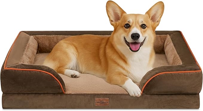 Comfort Expression Medium Dog Beds Waterproof Orthopedic Foam Dog Sofa Beds for Medium Large Dogs Comfy Pet Bed with Washable Removable Cover & Non-Slip Bottom(Medium,Brown)-PawvioPets