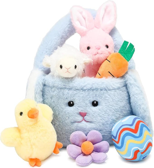 7 Piece Plush Stuffed Animals Playset Toys with Rabbit, Chick, Lamb, Carrot, Egg, Flower, Furry Bag, Soft Basket Set Toys for Girls Kids Ages 3+, Birthday Christmas Valentines Easter Party Favors-PawvioPets