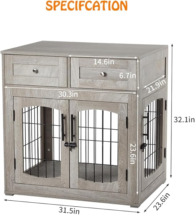 Dog Crate Furniture for Medium Dogs, Wooden Dog Kennel Indoor with Double Doors, Dog Cage with Cushion & Drawers, Dog House Side End Table for Small Medium Dogs up to 45 lb, 31.5” L, Grey-PawvioPets