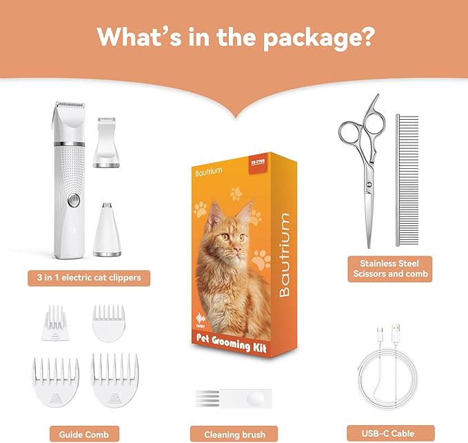 Cat Grooming Clippers Kit with Paw Trimmer, 3 in 1 Electric Pet Hair Trimmer Supplies for Thick Matted Hair, Heavy Coat Butt Shaver Cat Razor Fur Trimmer for Dogs at Home-PawvioPets