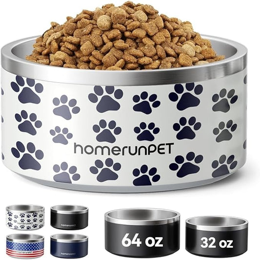 Dog Bowl, HomeRunPet Dog Food Water Bowl with Non-Slip Rubber Base, Metal Insulated Stainless Steel Dog Bowls, Double Wall Dog Bowl for Small Medium Large Dogs, Durable, Dishwasher Safe, 32oz-PawvioPets