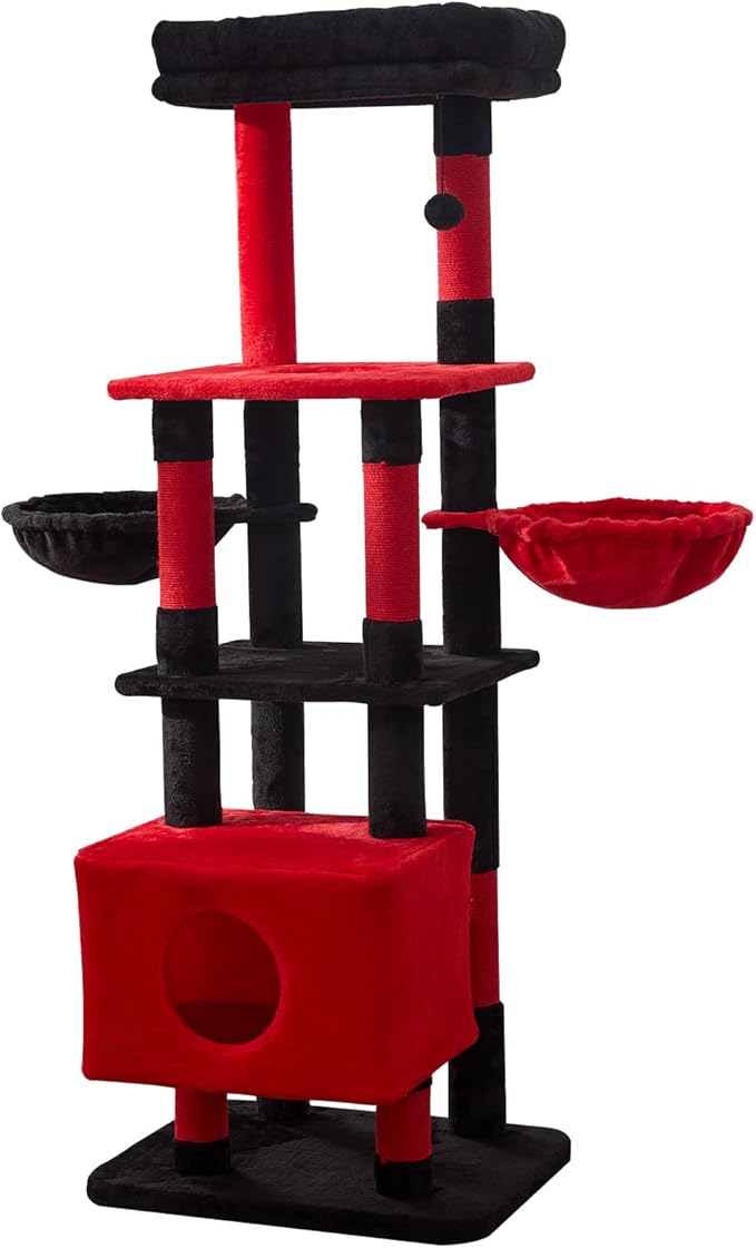 Gardner Pet 65in Heavy Duty Cat Tree Tower for Large Cats, Multi-Level Cat Furniture with Replaceable Sisal Scratching Post, Hammock | Extra-Large Platform & Condo (Black Red, Basic φ:2.84")-PawvioPets