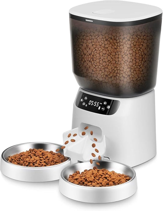 Automatic Cat Feeders for Two Cats, 5L/20 Cups Double Automatic Cat Food Dispenser with 2 Stainless Bowls, Timer Setting 20 Portions 6 Meals Per Day, 10s Meal Call, Pet Feeder for Dog (White)-PawvioPets
