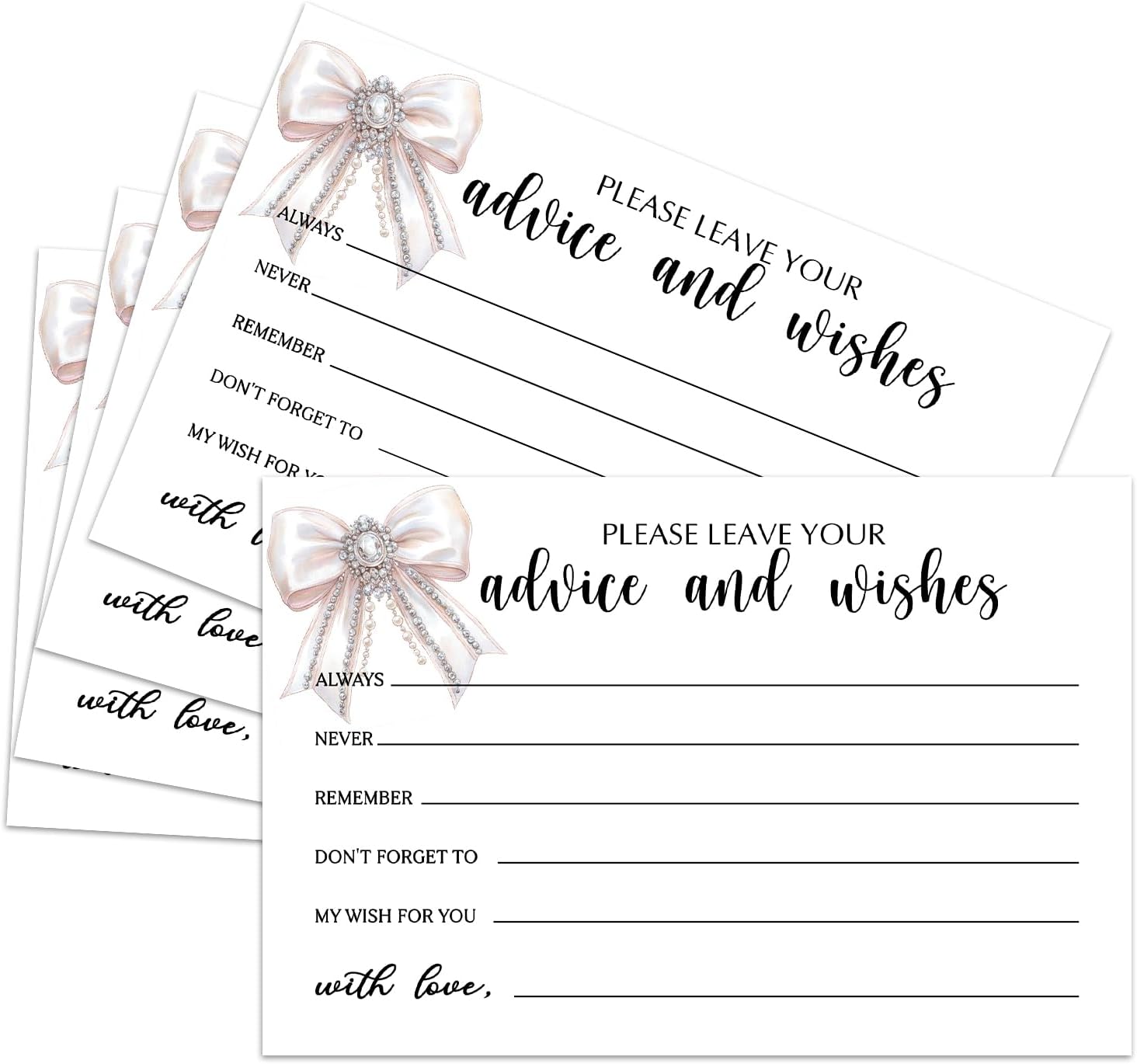 25 Advice and Wishes Cards, White Bow Fill-In Advice Cards for Bridal Shower Wedding Birthday Party Baby Shower Graduation Party, Well Wishes Card for Mr & Mrs Adults, Party Supplies -03