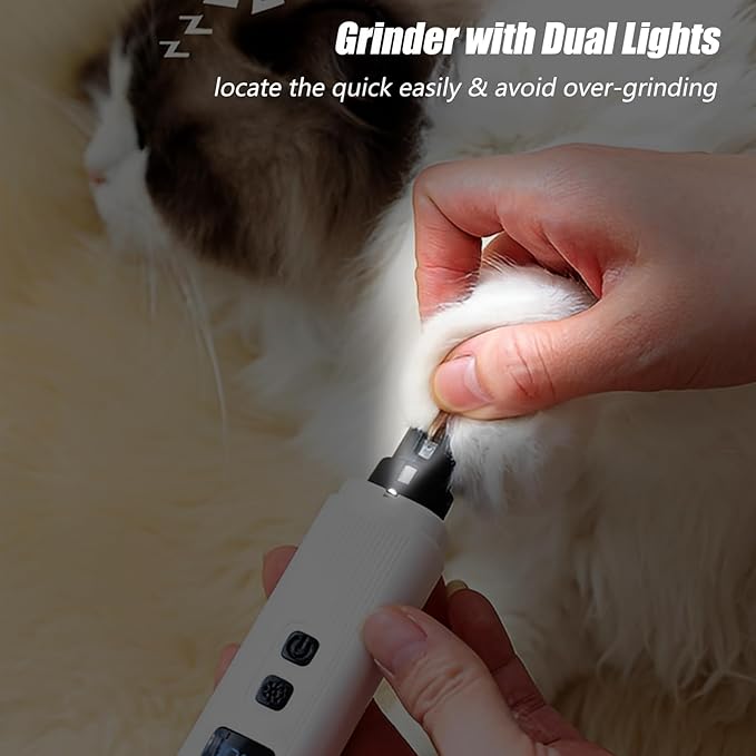Dog Nail Grinder - 2-Speed Super Quiet and Low Vibration Electric Pet Nail Grinder - Rechargeable Dog Nail Trimmers for Small Dogs- Cat Nail Claw Clippers with 2 Level LED Lighting(White)-PawvioPets