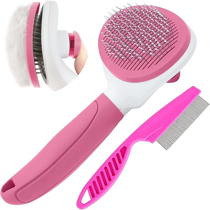 Cat Brushes for Indoor Cats, Dog Brush for Shedding with Metal Cat Comb, Self Cleaning Pet Hair Brush with Release Button for Grooming Kitten(Pink)-PawvioPets