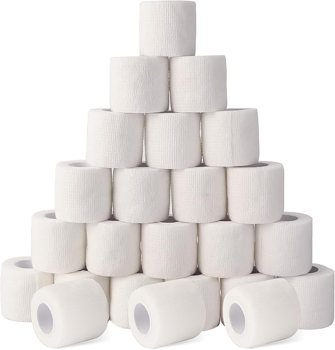 24 Pack Self Adhesive Bandage Wrap 2 Inch, White Medical Tape Elastic Cohesive Bandage Rolls Self Adherent, Self Sticking Tape First Aid Gauze for Sports, Leg, Knee, Ankle, Swelling, Wrist Sprains-PawvioPets