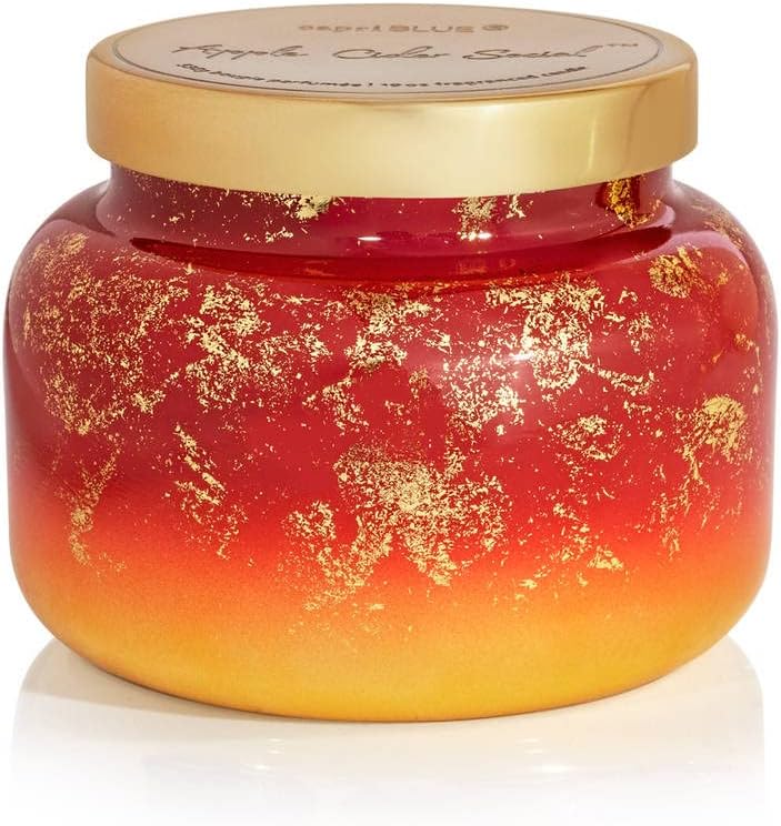 Capri Blue Scented Candles - Glimmer Collection - Ombre Glass Candle Holder - Luxury Apple Candles for Women & Men - Signature Jar in Cranberry Red and Gold (Apple Cider Social, 19 oz)