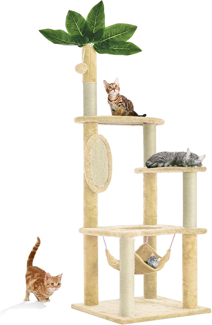 55 Inch Large Cat Tree Tower for Indoor Cats with Hammock Green Leaves Sisal Scratching Post, Plush Hang Ball Play Furniture for Kittens & Adult Cats, New Beige-PawvioPets
