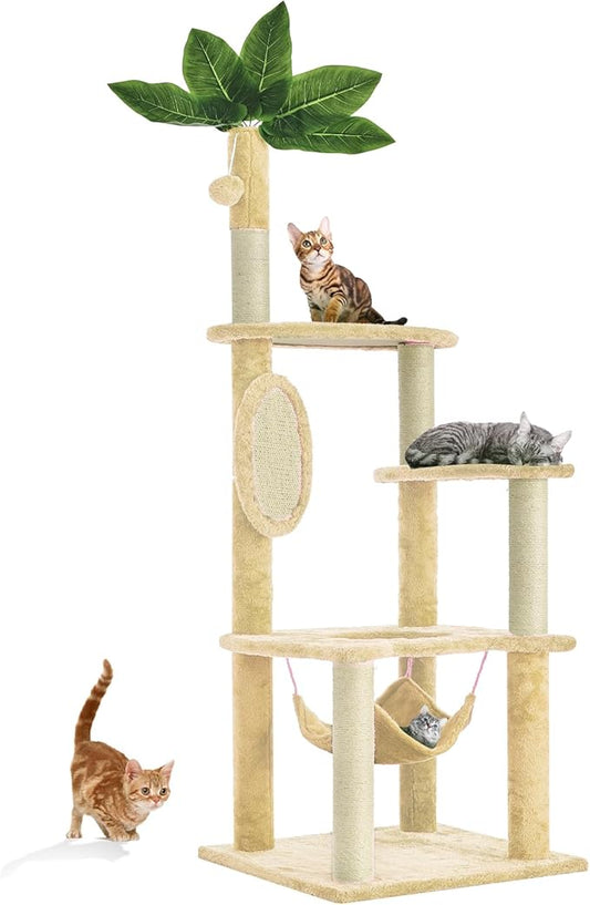 55 Inch Large Cat Tree Tower for Indoor Cats with Hammock Green Leaves Sisal Scratching Post, Plush Hang Ball Play Furniture for Kittens & Adult Cats, New Beige-PawvioPets
