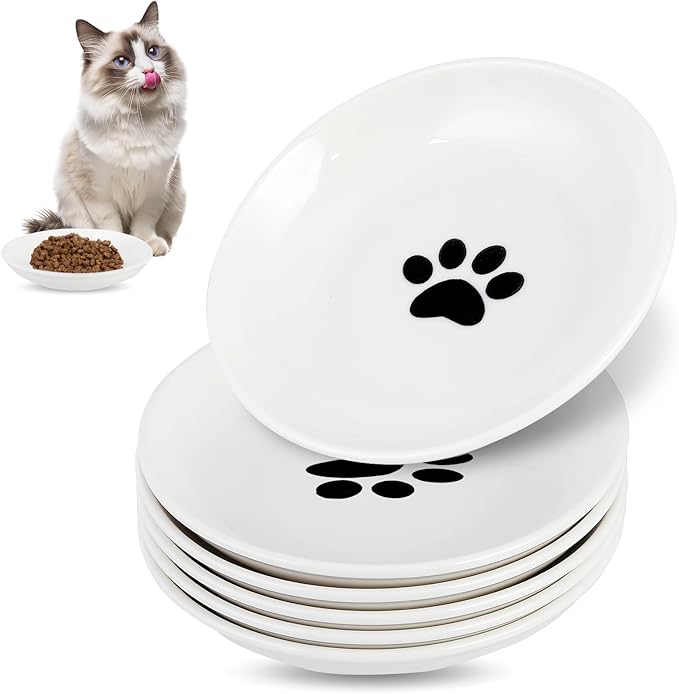 6 Pack Cat Food Bowl, Ceramic Cat Bowls, Anti Whisker Fatigue Cats Bowl Set,5.5 Inches Shallow Wide Kitten Plates for Food and Water (Cat's Paw Style)-PawvioPets