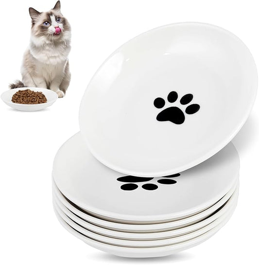 6 Pack Cat Food Bowl, Ceramic Cat Bowls, Anti Whisker Fatigue Cats Bowl Set,5.5 Inches Shallow Wide Kitten Plates for Food and Water (Cat's Paw Style)-PawvioPets