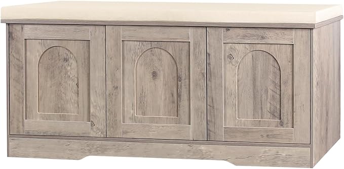 DINZI LVJ Shoe Bench, Entryway Storage Bench with Doors, Cushion, 2-Tier Shoe Rack with 6-Cubby, 39.4”L x 13.8”W Shoe Organizer Cabinet, Adjustable Shelf, Living Room, Bedroom, Greige-PawvioPets