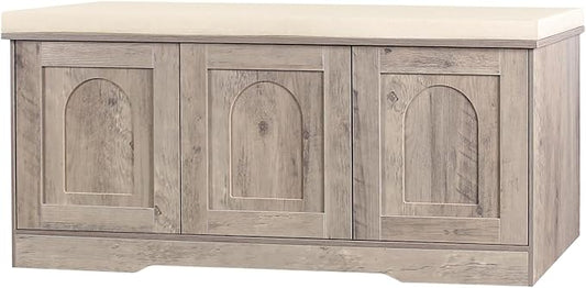 DINZI LVJ Shoe Bench, Entryway Storage Bench with Doors, Cushion, 2-Tier Shoe Rack with 6-Cubby, 39.4”L x 13.8”W Shoe Organizer Cabinet, Adjustable Shelf, Living Room, Bedroom, Greige-PawvioPets