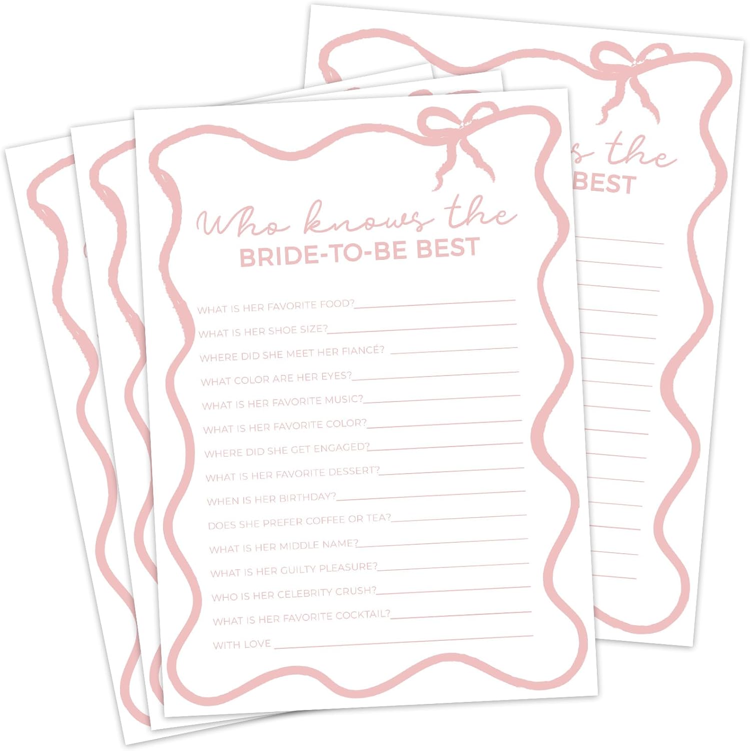 DEEKA 30 PCS Bridal Shower Games Card for 30 Guests White Pink Wavy Border Ribbon Bow Funny Wedding Bachelorette Party Games for Reception (Who Knows The Bride-to-be Best)