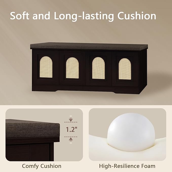 DINZI LVJ Shoe Bench, Entryway Storage Bench with Doors, Cushion, 2-Tier Shoe Rack with 8-Cubby, 47.2”L x 13.8”W Shoe Organizer Cabinet, Adjustable Shelf, Living Room, Bedroom, Espresso with Rattan-PawvioPets