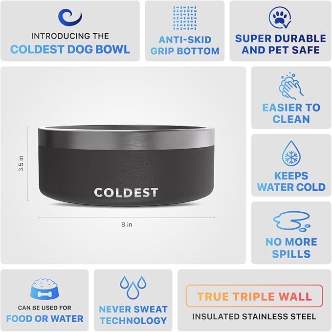 Coldest Dog Bowl - Anti Rust Metal, Non Slip, 3 Layers Insulated Stainless Steel Dog Bowls - Spill Proof & Heavy Duty - Water Bowl for Dogs, Cats & Pets, Dish Washer Safe (64 oz, Stealth Black)-PawvioPets