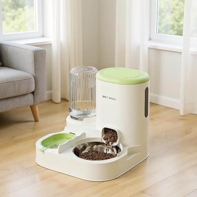 Automatic Cat Feeder & Water Dispenser - Dual Container for Dry/Wet Food, Two-in-One Upgraded Gravity Feeder and Water Dispenser Combo Set for Cats and Dogs.(Green)-PawvioPets
