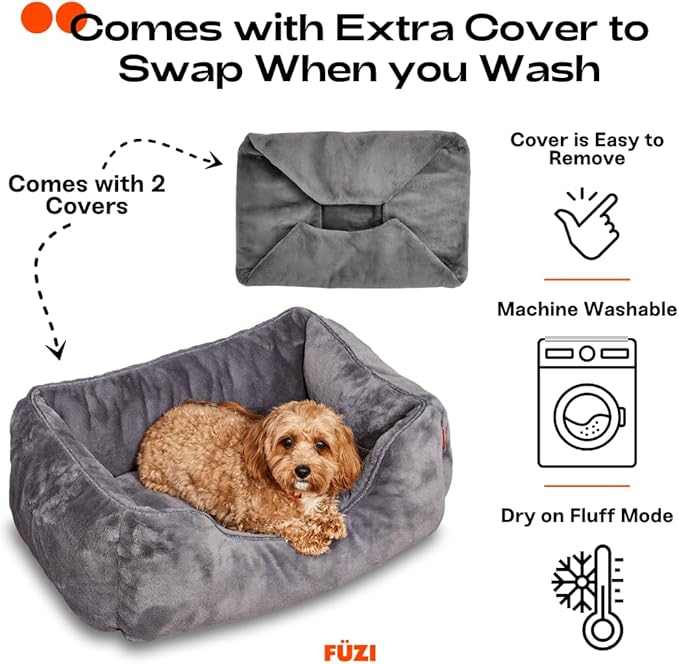FUZI Luxury Aesthetic Dog Bed with Extra Cover for Small Dogs, Washable Pet Couch, Pet Bed with Sides, Non-Slip Bottom, Soft & Durable Calming Dog Bed, Faux Rabbit Fur, Small 25.1x16.75x9.5 Dark Grey-PawvioPets