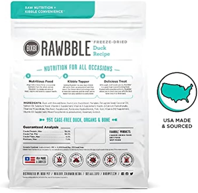 BIXBI Rawbble Freeze Dried Dog Food, Duck Recipe, 26 oz - 95% Meat and Organs, No Fillers - Pantry-Friendly Raw Dog Food for Meal, Treat or Food Topper - USA Made in Small Batches-PawvioPets