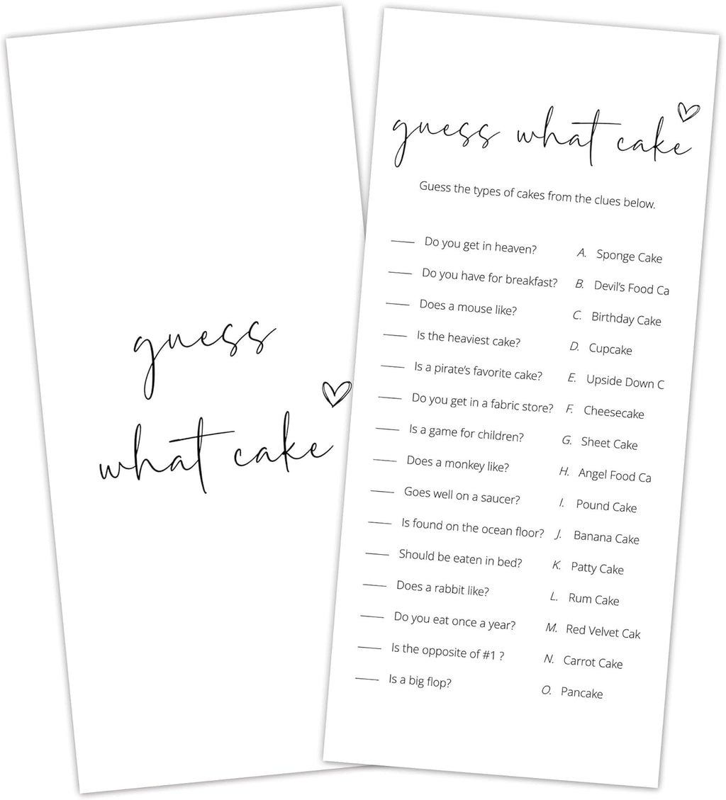Bridal Shower Games, What Cake, 25Pcs 4x9inch Minimalist White Double-Sided Bridal Game Cards with 1 Answer Key, Wedding Shower Games for Guests, Engagement Bachelorette Party Supplies - A03