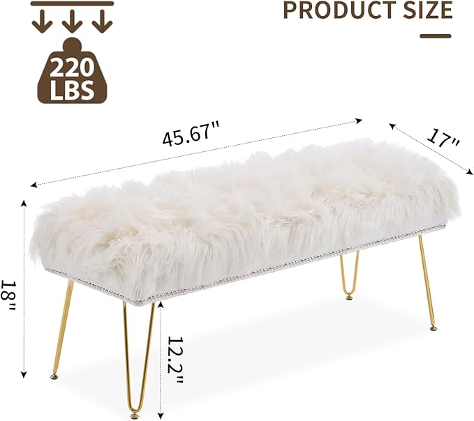 46 Inch White Bedroom Bench, Benches for Bedroom White Faux Fur Upholstered Bed end Bench, Tufting Ottoman Bench Indoor Bench with Metal Legs for Living Room Bedroom Entryway, White-PawvioPets