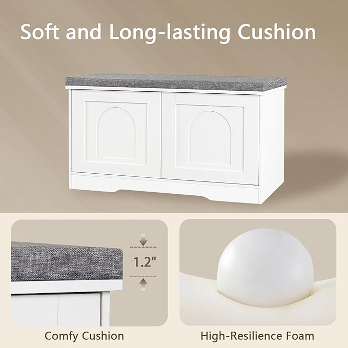 DINZI LVJ Shoe Bench, Entryway Storage Bench with Doors, Cushion, 2-Tier Shoe Rack with 6-Cubby, 31.5”L x 13.8”W Shoe Organizer Cabinet, Adjustable Shelf, Living Room, Bedroom, White-PawvioPets