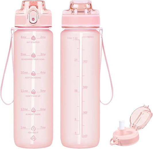 32oz Motivational Water Bottles with Time Marker & Fruit Strainer, Transparent Gradient Color Water Bottle with Times to Drink, Leakproof & BPA Free, Reusable Bottle with Strap (No Straw)-PawvioPets