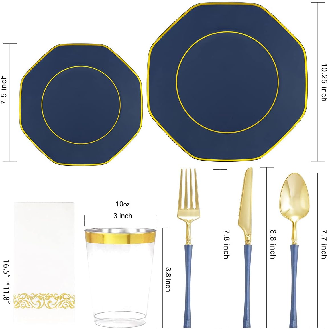KIRE 140Pcs Blue Plastic Plates with Gold Rim - Gold Disposable Plastic Silverware with Blue Handle&Clear Cups&Hand Napkin - Geometric Party Plates for Holiday/Party