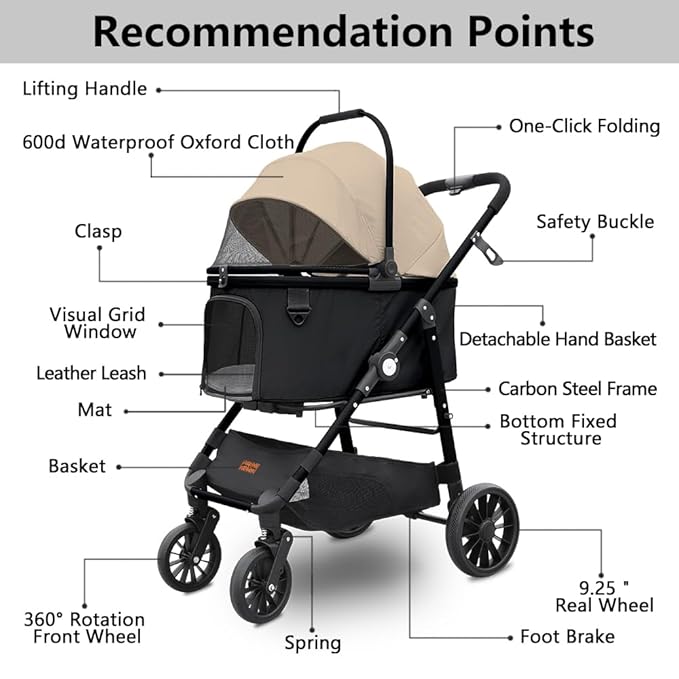 Dog Cat Stroller, Foldable 4 Wheels Dog Stroller for Small Medium Dogs 20 lbs,Pet Strollers for Large Dogs 50lbs, Stable Anti-Shock Detachble Carrier,with 360°Swiveling Front Wheel forTravel-PawvioPets