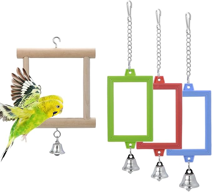 4 PCS Bird Mirror with Bell Parrot Hanging Interactive Playing Toy for Cockatiel Parakeets Canaries Budgie Cage Accessories-PawvioPets