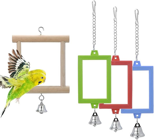 4 PCS Bird Mirror with Bell Parrot Hanging Interactive Playing Toy for Cockatiel Parakeets Canaries Budgie Cage Accessories-PawvioPets