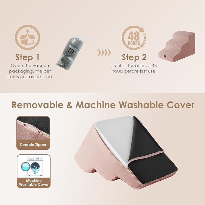 EHEYCIGA Curved Dog Stairs Ramp for Small Dogs 15.7" H, 3-Step Dog Steps for Couch Sofa and Chair, Pet Stairs for Cats, Non-Slip Balanced Pet Steps Indoor, Dusty Pink-PawvioPets