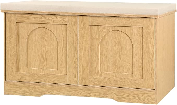 DINZI LVJ Shoe Bench, Entryway Storage Bench with Doors, Cushion, 2-Tier Shoe Rack with 6-Cubby, 31.5”L x 13.8”W Shoe Organizer Cabinet, Adjustable Shelf, Living Room, Bedroom, Natural-PawvioPets