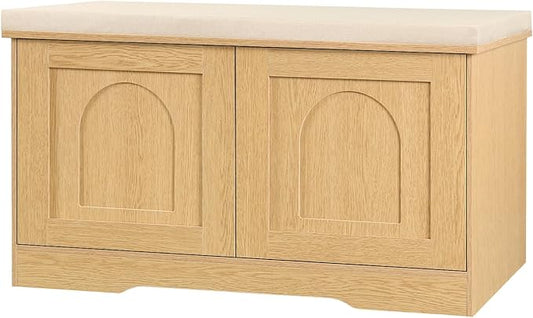 DINZI LVJ Shoe Bench, Entryway Storage Bench with Doors, Cushion, 2-Tier Shoe Rack with 6-Cubby, 31.5”L x 13.8”W Shoe Organizer Cabinet, Adjustable Shelf, Living Room, Bedroom, Natural-PawvioPets