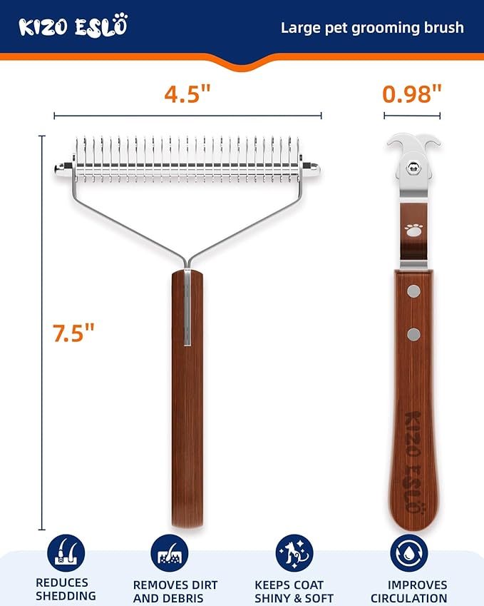 Extra Large 2-Sided Undercoat Rake for Dogs & Cats, Dog Brush for Shedding Remove Mats, Dematting Comb, Safe&Gentle Grooming Brush for German Shepherds Medium to Long-Haired Pets,Premium Wooden Handle-PawvioPets
