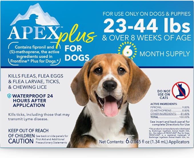 Apex Plus Flea and Tick Prevention for Dogs | Medium (23-44 lbs) | 6-Month Supply | Dog Flea and Tick Treatment | 24-Hour Activation, Waterproof, 30-Day Protection-PawvioPets
