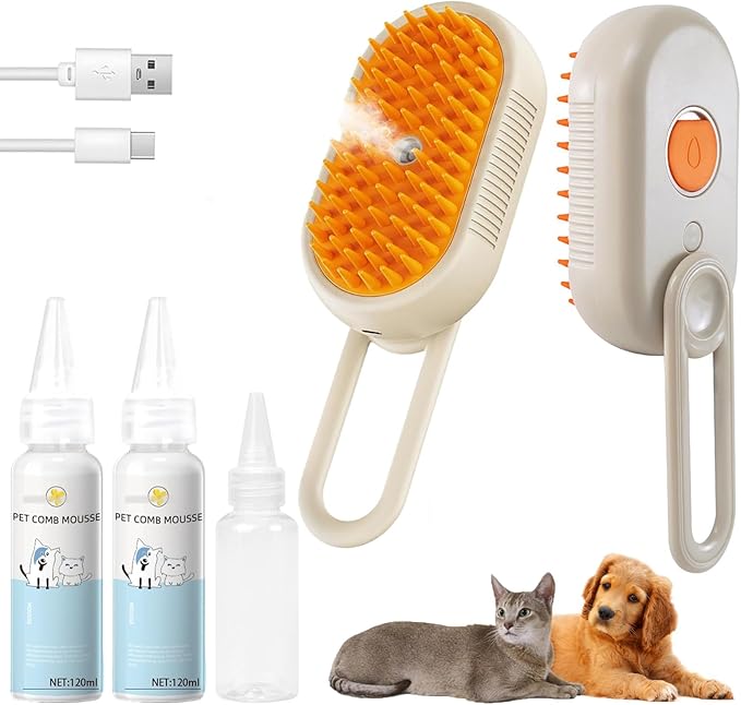 4-in1 Cat Steam Brush for Shedding & Grooming, Spray Hair Removal Comb with 2 Waterless Shampoo, Cat and Dog Brush for Shedding, Pet Grooming Comb Hair Removal Tool for Cats and Dogs-PawvioPets