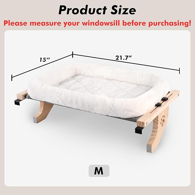 AMOSIJOY Cat Sill Window Perch Sturdy Hammock Window Seat with Cushion Bed Cover, Wood & Metal Frame for Large Cats, Easy to Adjust Cat Bed for Windowsill, Bedside, Drawer and Cabinet (M)-PawvioPets
