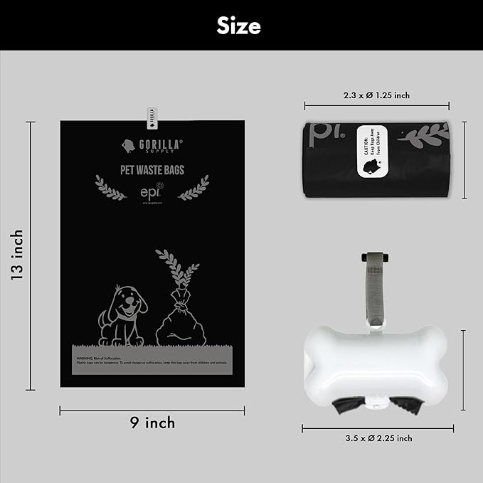 GORILLA SUPPLY Dog Poop Waste Bags with Dispenser and Leash Tie, 9" x 13", Black, 1000 Count-PawvioPets