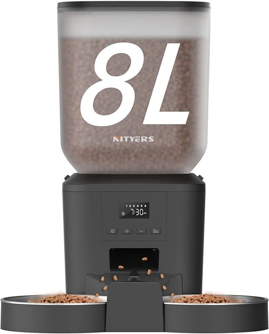 Automatic Cat Feeder for 2 Cats - 8L/34 Cups Large Capacity Auto Cat Food Dispenser with LCD Screen, 2 Food Trays, Timed Feeder, Up to 50 Portions 6 Meals Per Day, Keep Fresh-PawvioPets