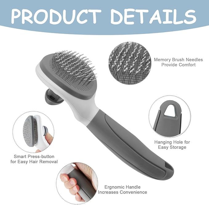 Cat Brushes for Indoor Cats, Dog Brush for Shedding with Metal Cat Comb, Self Cleaning Pet Hair Brush with Release Button for Grooming Kitten(Dark Grey)-PawvioPets