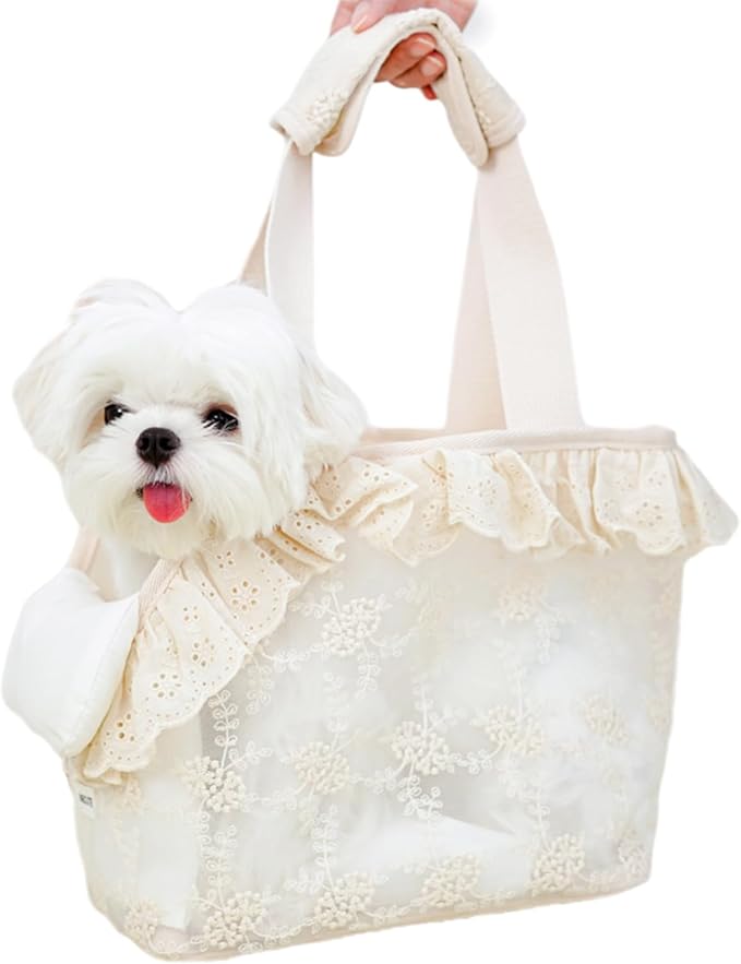 Dog Carrier for Small Dogs Rabbit cat with Lace Design, Cotton Bag, Dog Carrier Soft Sided, Collapsible Travel Puppy Carrier (Beige, 9.4" L x 5.9" W x 9.4" H)-PawvioPets