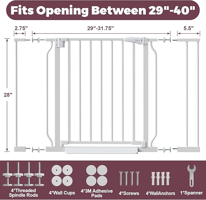 29"-40" Baby Gate for Stairs, Auto Close Stroller Friendly Dog Gate Indoor for Doorways, Pressure Mounted Baby Gate, Easy Walk Through Gate for Children & Pets, White-PawvioPets