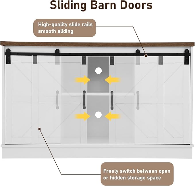 Farmhouse 55-75 Gallon Fish Tank Stand with Power Outlet, Aquarium Stand with Cabinet&Sliding Barn Door, Heavy Duty Reptile Tank Stand for 2 Fish Tank/Turtle Tank/Reptile Terrarium, White-PawvioPets