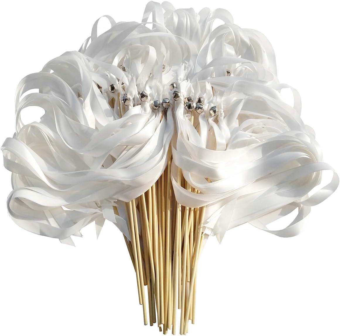 50PCS Ribbon Wands with Triple Ribbon and Silver Bell Party Wand Party Favors Streamers Ribbon Sticks Magic Fairy Wands for Wedding Decors