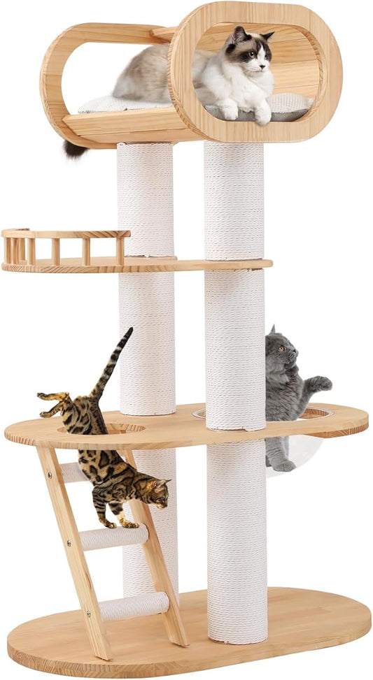 63'' Tall Modern Cat Tree for Indoor Cats, Luxury Cat Tree, Multi-Level Wood Climb Tower for Large Cat, Heavy Duty Kitty House with Transparent Bowl, Large Perches with Removable Cushion-PawvioPets