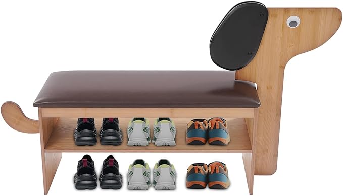 Cute Dog Shoe Bench with Cushion, 51.6”L x 11.8”W Puppy Shoe Storage Bench Dark Brown 2-Tire Bamboo Shoes Rack Bench for Entryway Living Room Hallway Bedroom 220Lbs Load Capacity-PawvioPets