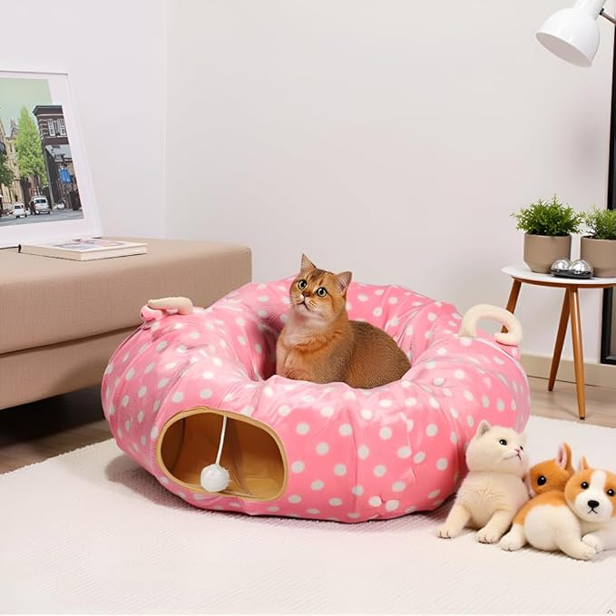 AUOON Cute Cat Donut Tunnel - Round Cat Tunnel Bed with Washable Cushion Interactive Cat Toy for Indoor Cats Kitten Kitty Puppy Rabbit Ferret (Pink)-PawvioPets