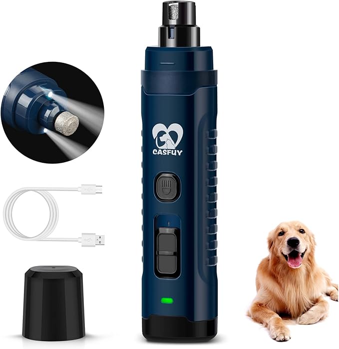 Casfuy Dog Nail Grinder with 2 LED Light - 4.8V Super Powerful 2-Speed Electric Pet Nail Trimmer for Medium Large Dogs Quiet Rechargeable Painless Paws Grooming & Smoothing Tool (Dark Blue)-PawvioPets